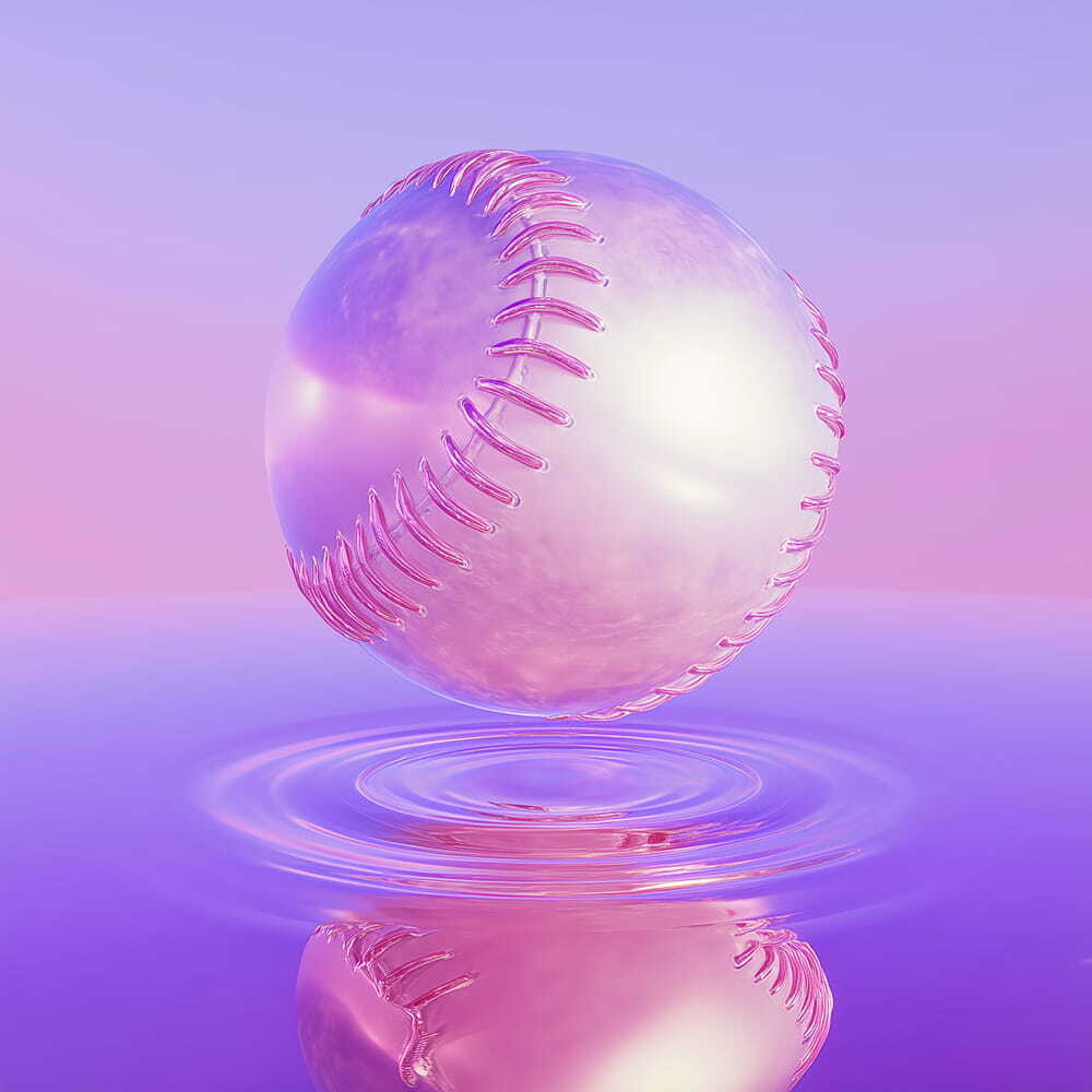 A baseball floating above a reflective surface, surrounded by a soft purple and pink gradient