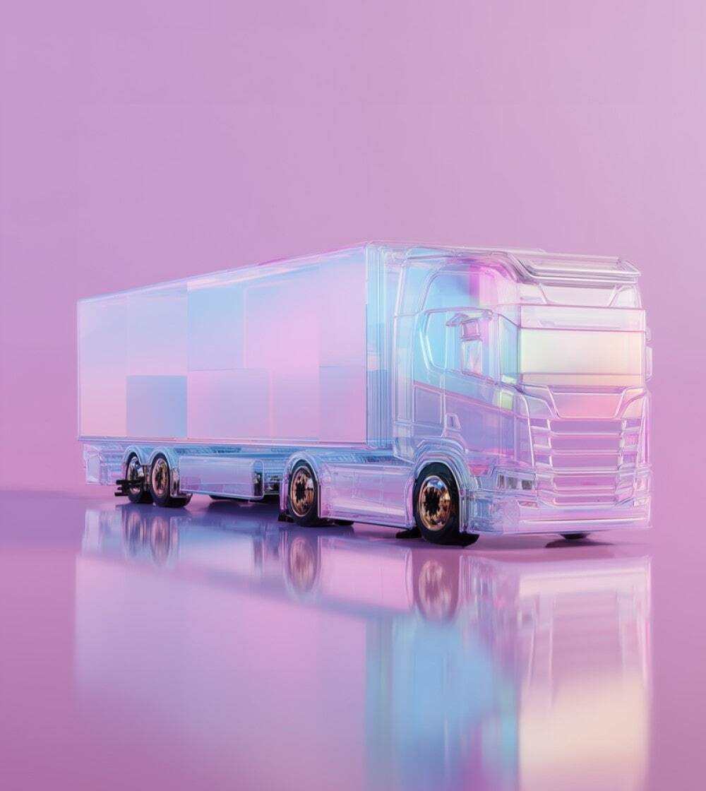 A futuristic, translucent truck with a shiny, iridescent appearance on a soft, pink background