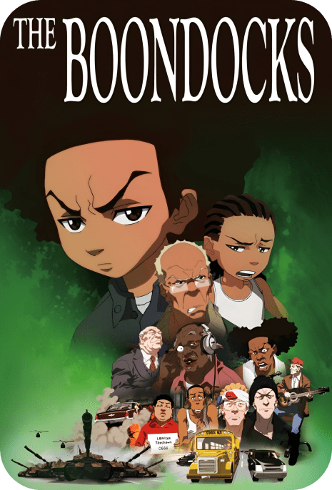 The poster of The Boondocks, showing the characters Huey and Riley Freeman with an intense background